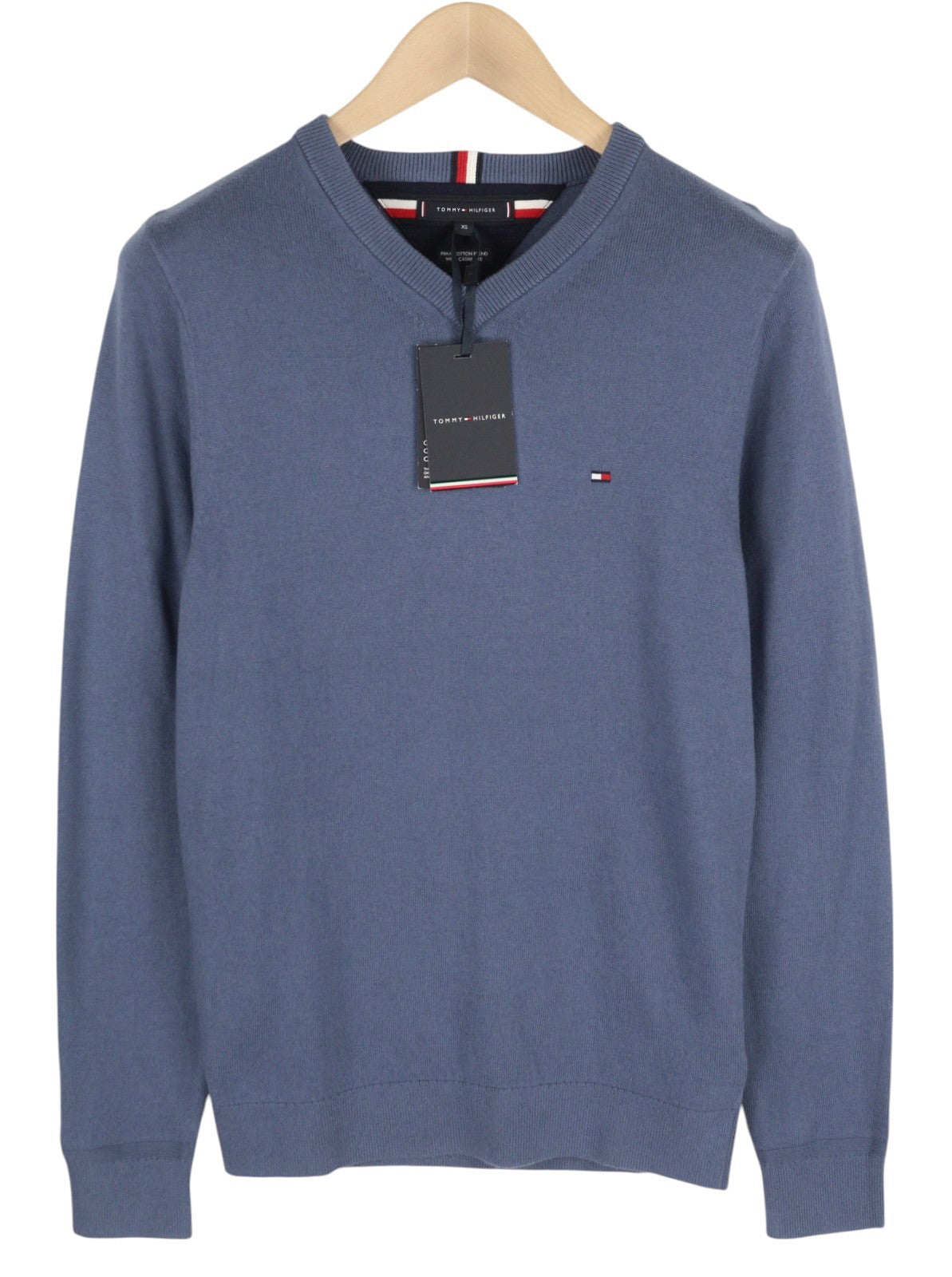 TOMMY HILFIGER Pima Org Ctn Cashmere V Neck Men Jumper XS Blue Pull On Knitted