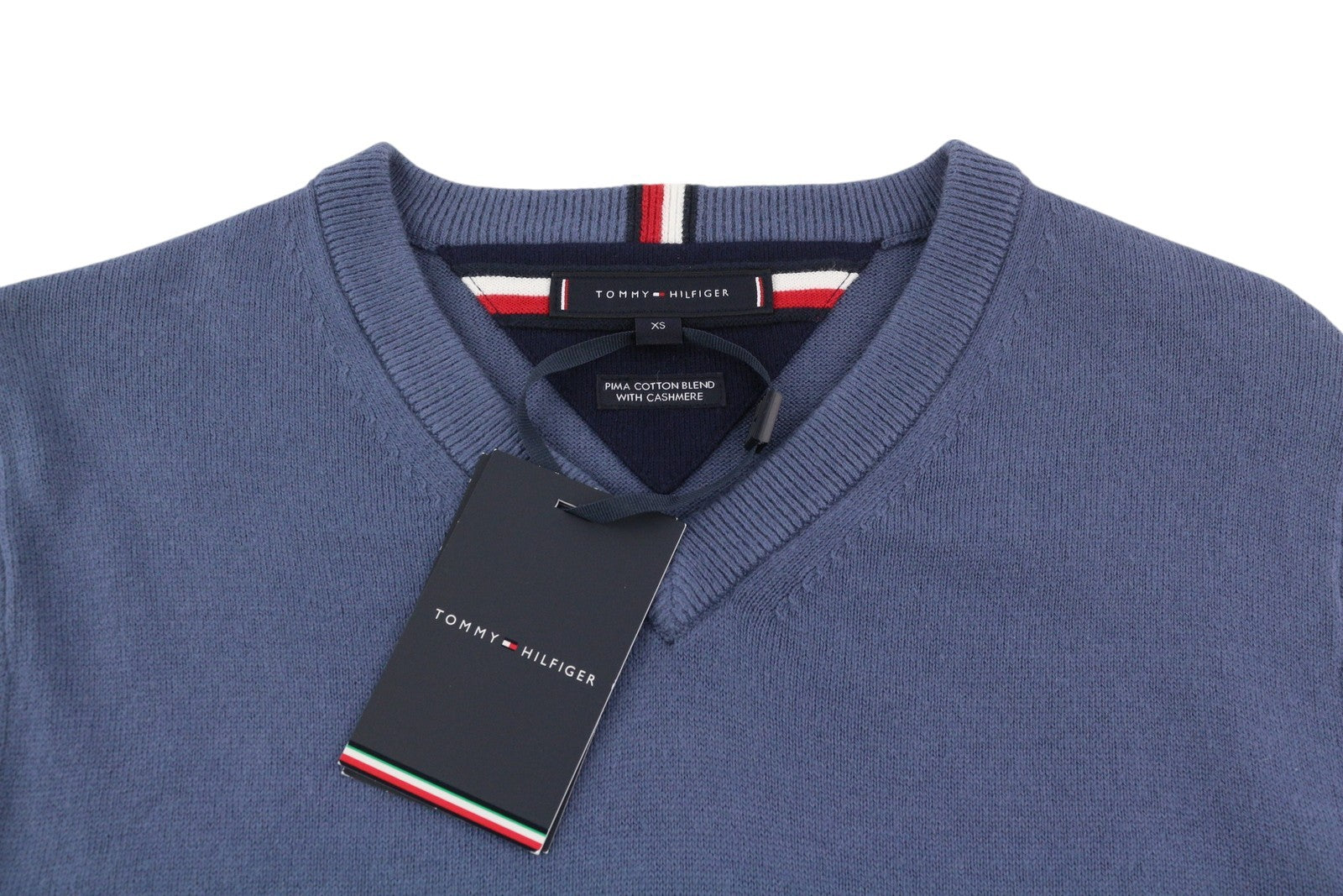TOMMY HILFIGER Pima Org Ctn Cashmere V Neck Men Jumper XS Blue Pull On Knitted