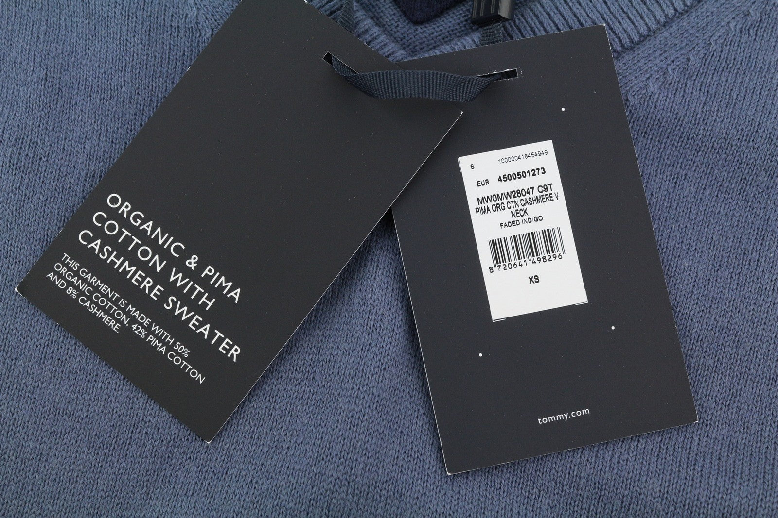 TOMMY HILFIGER Pima Org Ctn Cashmere V Neck Men Jumper XS Blue Pull On Knitted