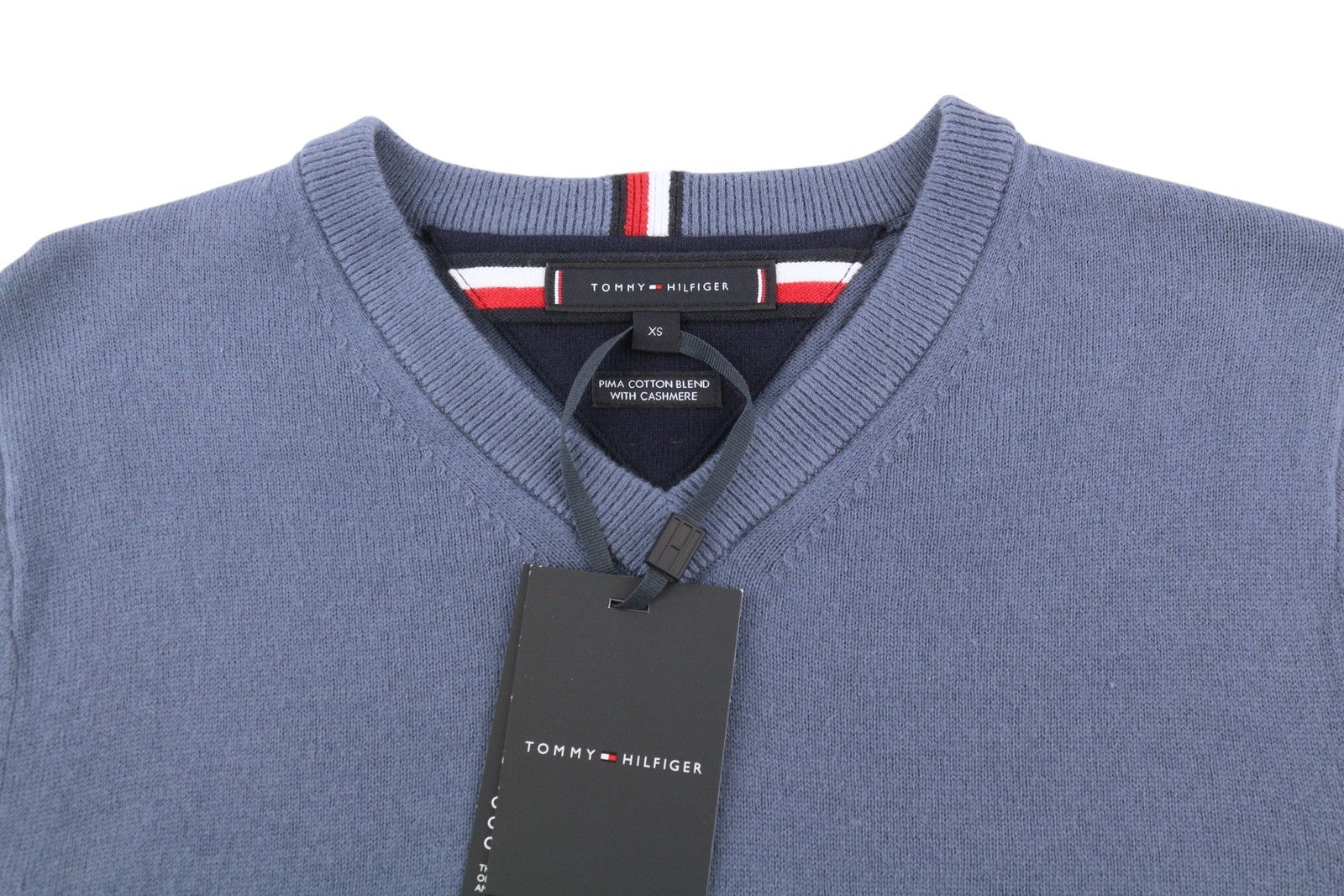 TOMMY HILFIGER Pima Org Ctn Cashmere V Neck Men Jumper XS Pull On Knitted Blue
