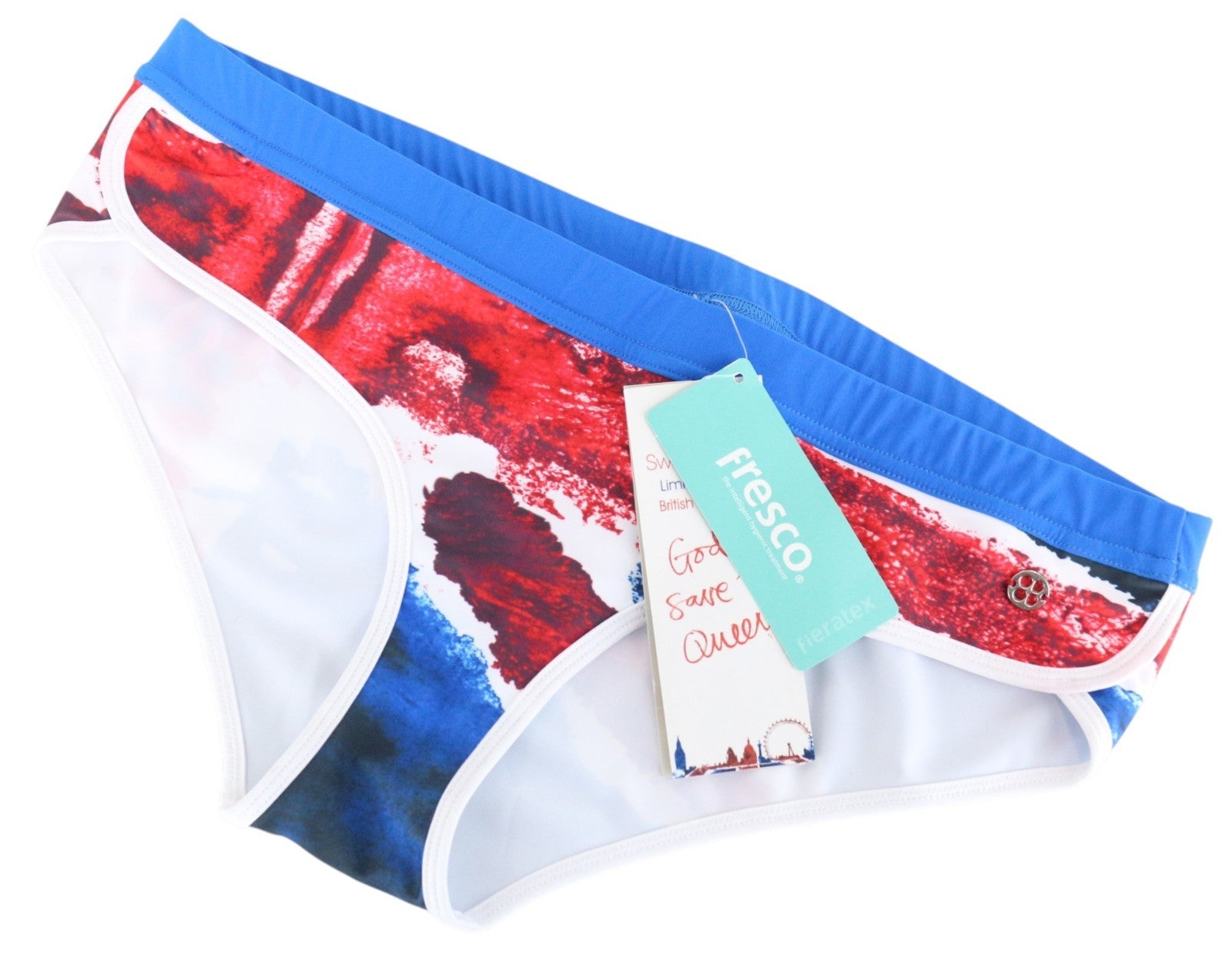 SWEATY BETTY Pike Dive Women Swimwear L Blue Red Print Stretch Bikini Bottom