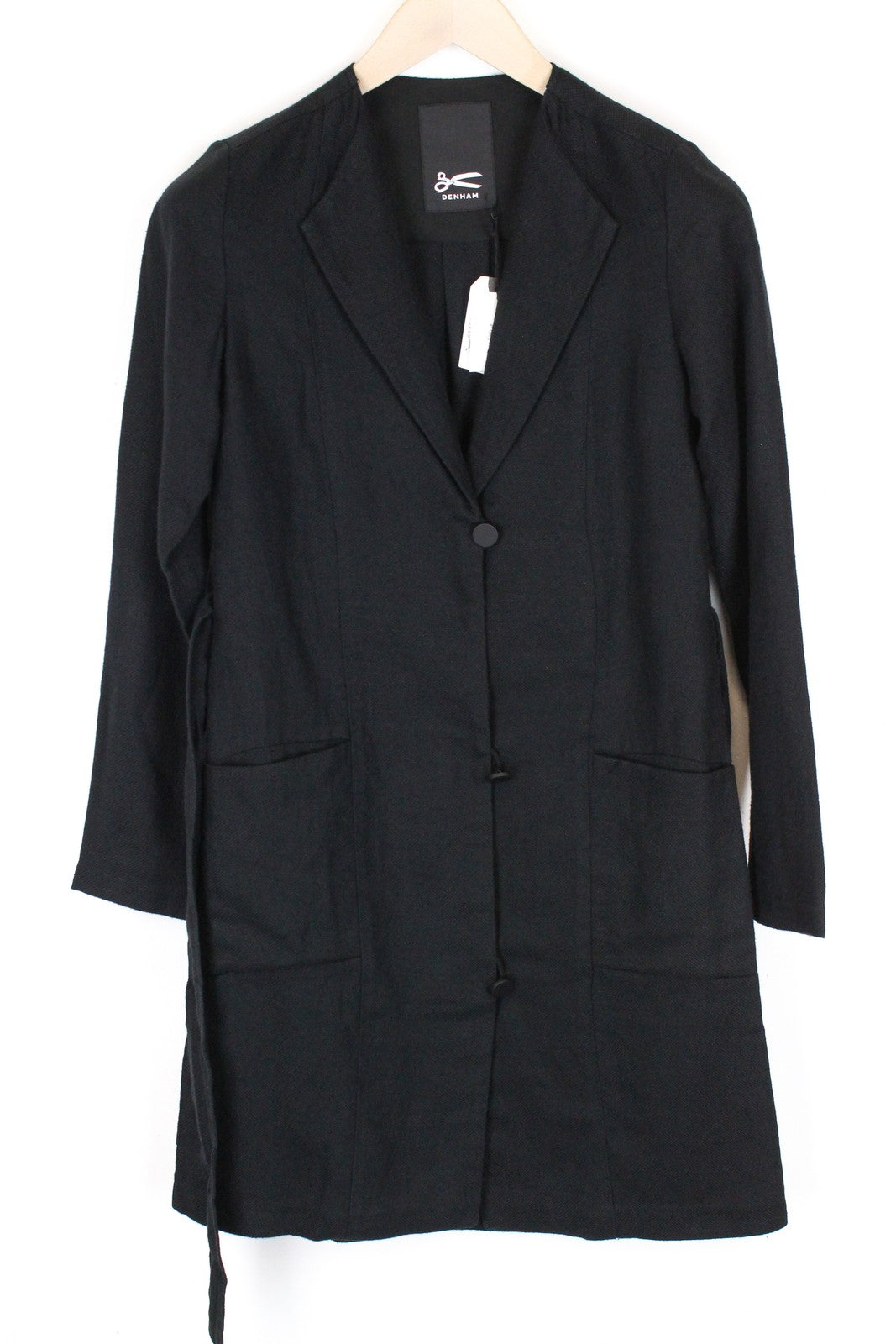 DENHAM Deck Women Coat XS Black Linen Blend Unlined Single-Breasted Belted