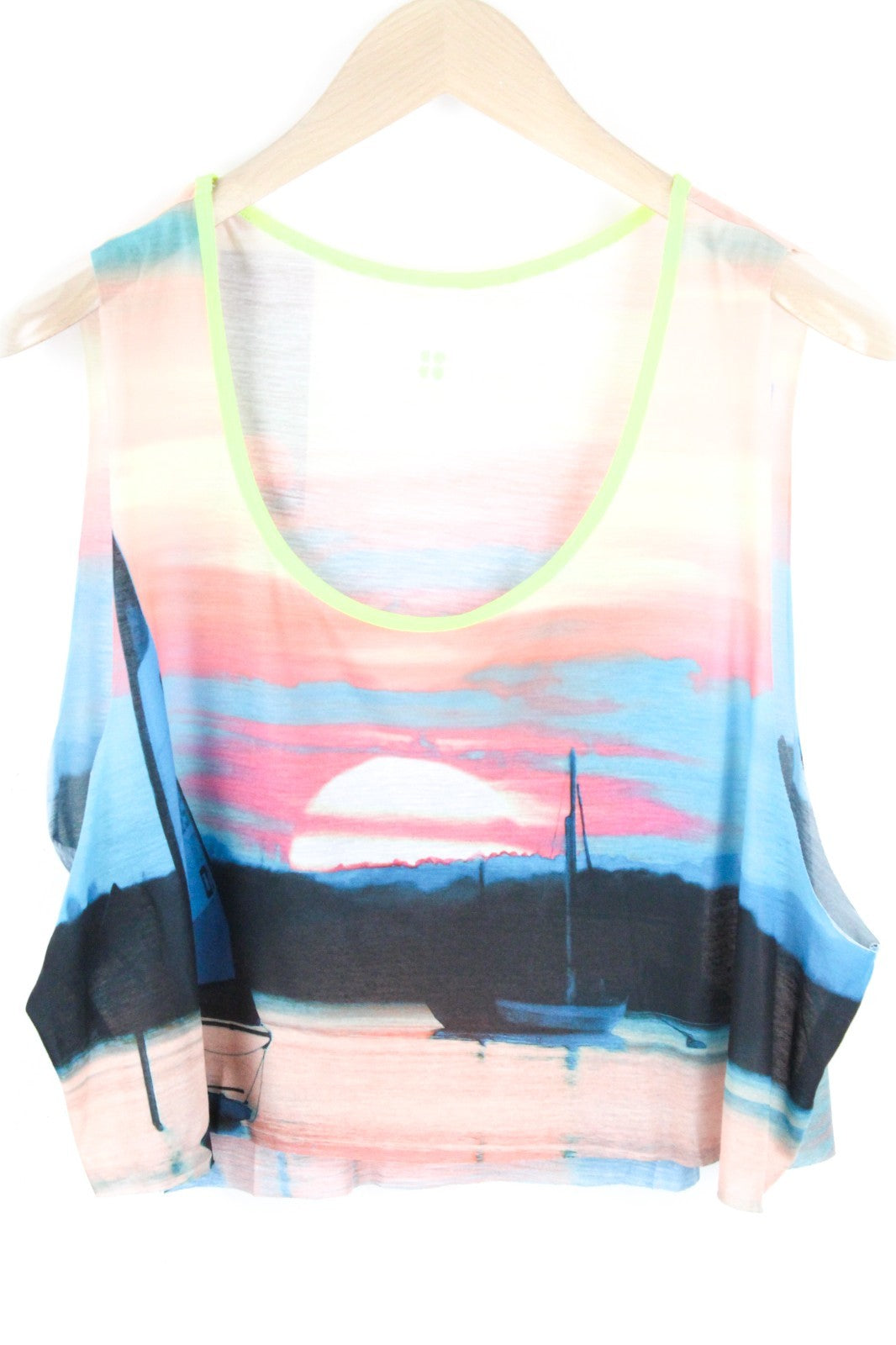 SWEATY BETTY Skipper Run Tank Women Top L Pink Cropped Loose Print Sleeveless