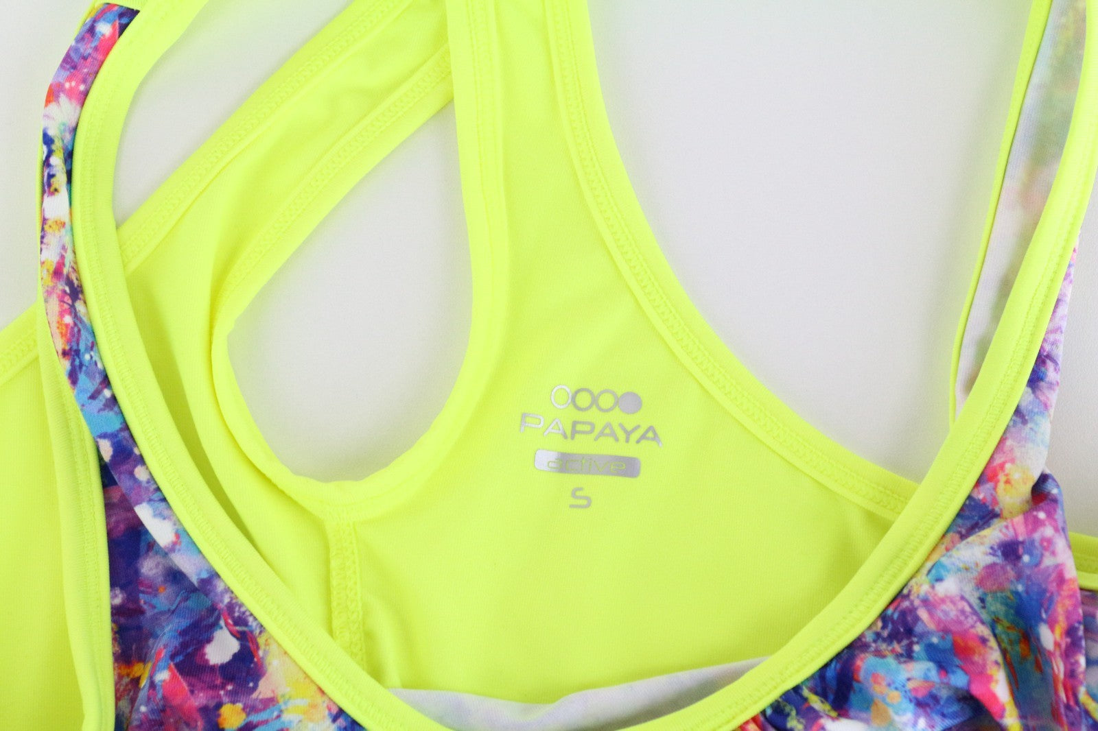 PAPAYA Women Sport Top S Melange Neon Yellow Bright Printed Racerback Workout