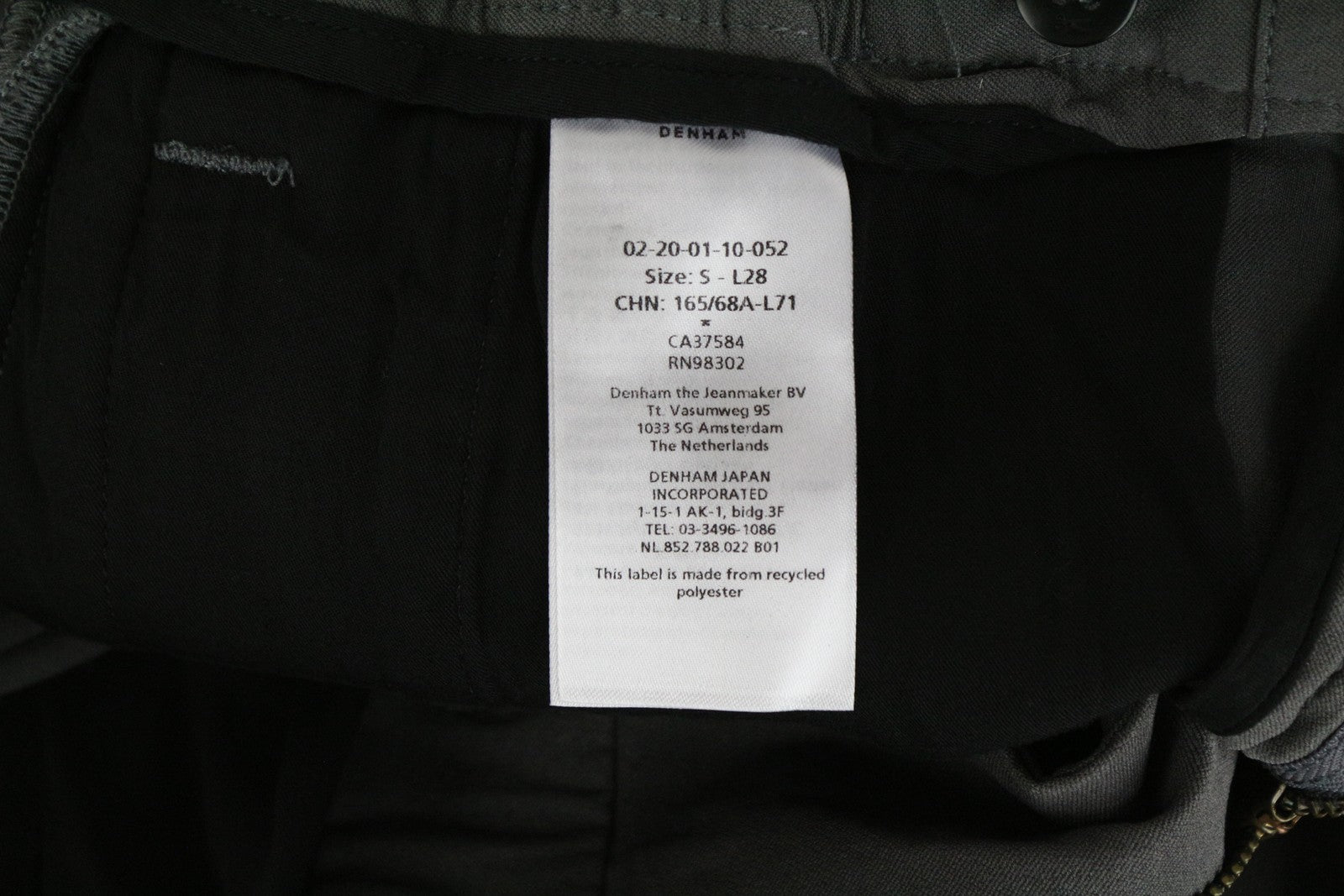 DENHAM Preston Men Trousers S Dark Grey Classic Flat-Front Tapered Fit Zippered