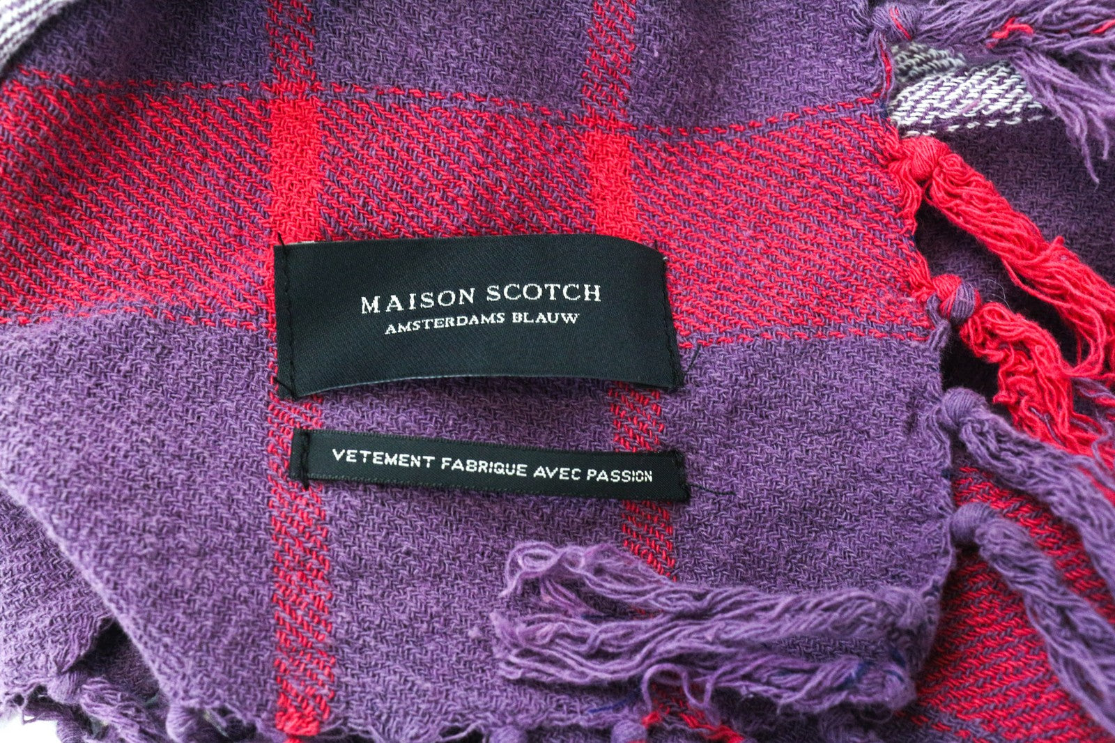 MAISON SCOTCH Women's Scarf OS Purple Tartan Knit Checked Twill Tassel Wrap
