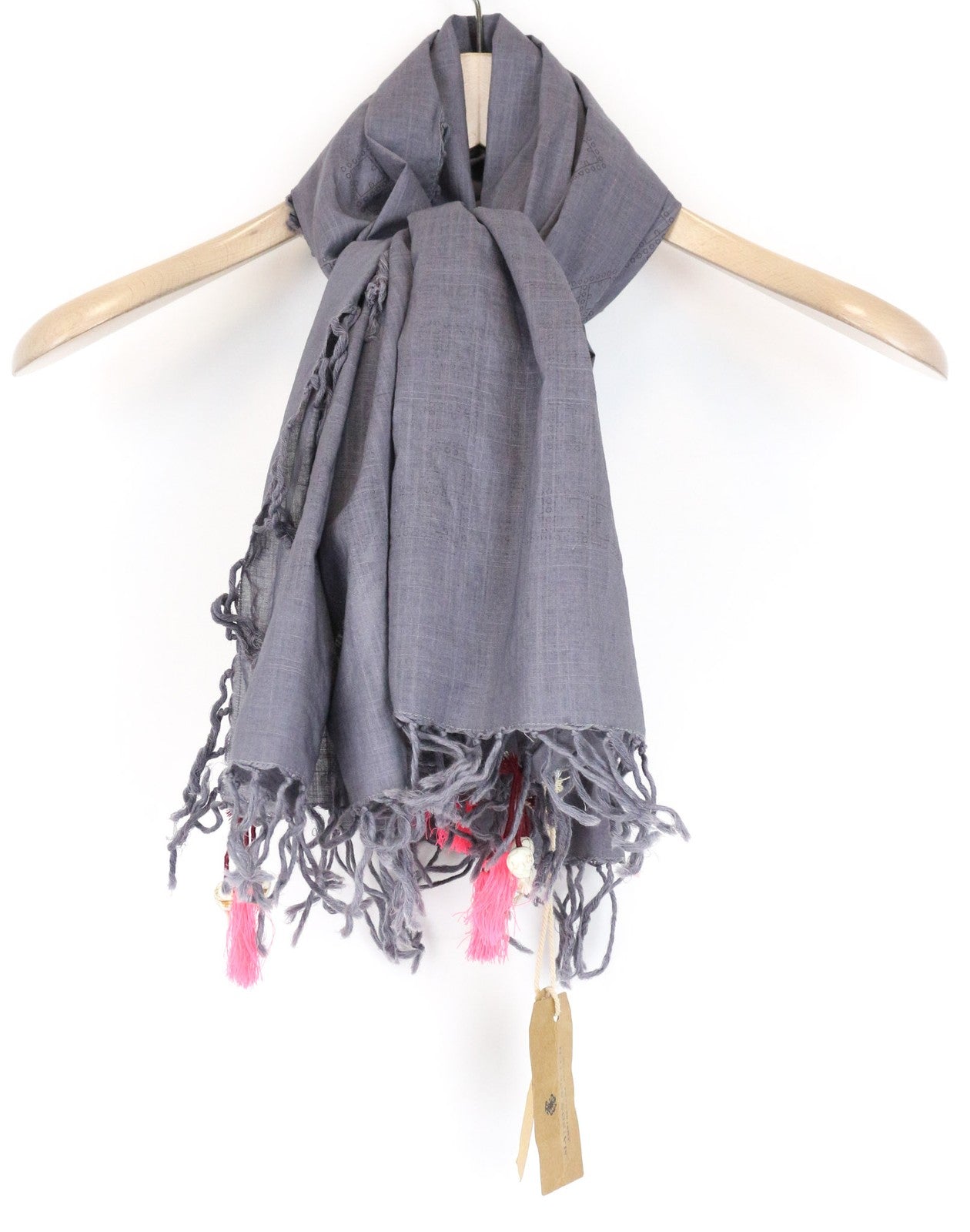 MAISON SCOTCH Women's Scarf OS Grey Cotton Knit Slim Tassel Pattern Lightweight