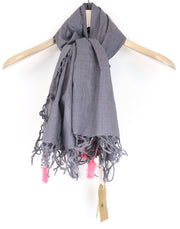 MAISON SCOTCH Women's Scarf OS Grey Cotton Knit Slim Tassel Pattern Lightweight