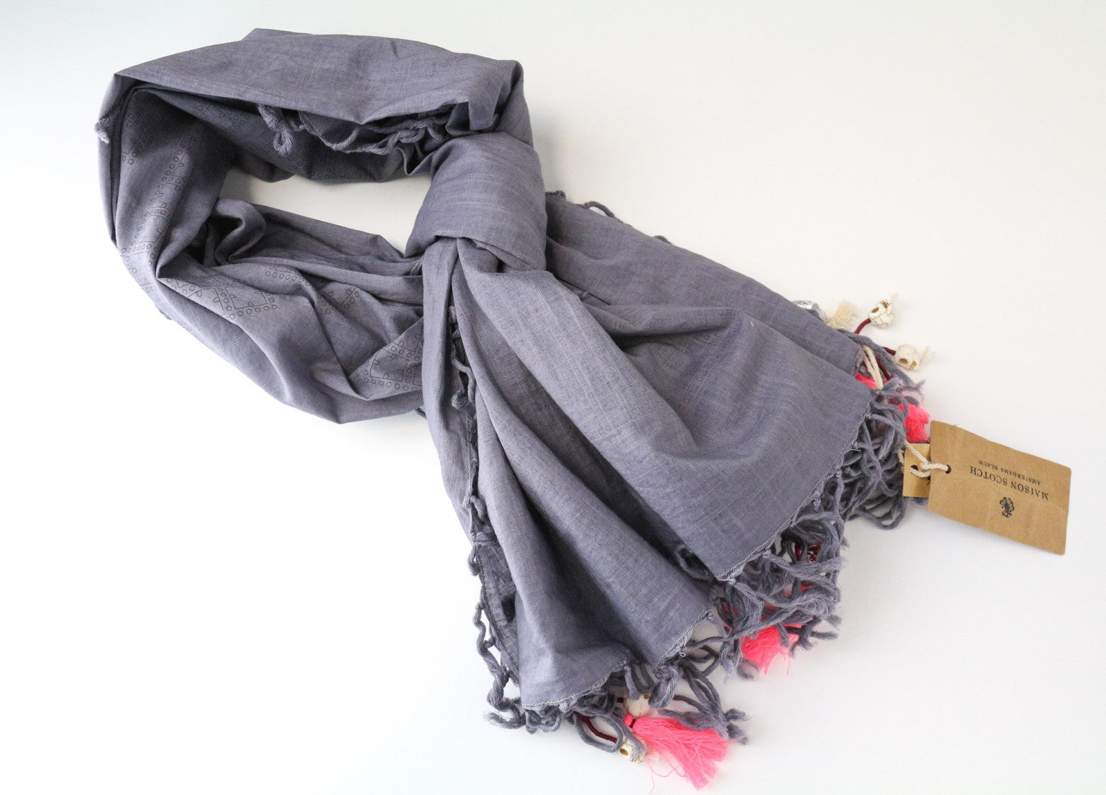 MAISON SCOTCH Women's Scarf OS Grey Cotton Knit Slim Tassel Pattern Lightweight