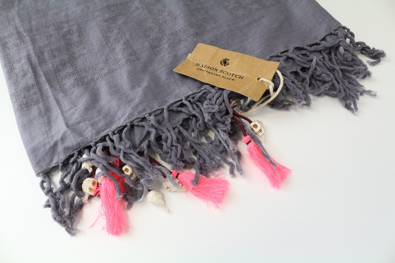 MAISON SCOTCH Women's Scarf OS Grey Cotton Knit Slim Tassel Pattern Lightweight
