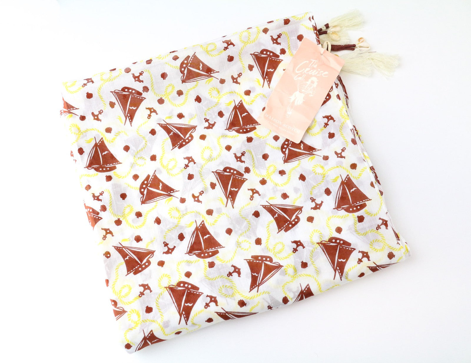 MAISON SCOTCH Women's Scarf OS White Summer Square Sailboat Print Cotton Classic