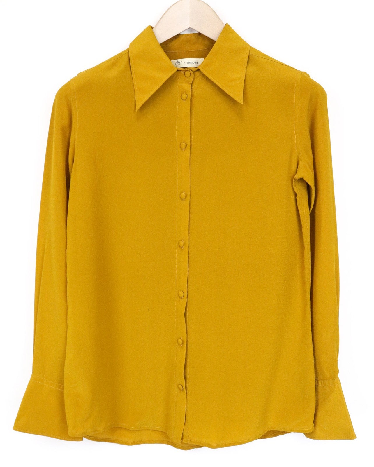 SUISTUDIO Bridgette Women's Blouse UK8 Yellow Mustard Slim Button-Up Silk Top