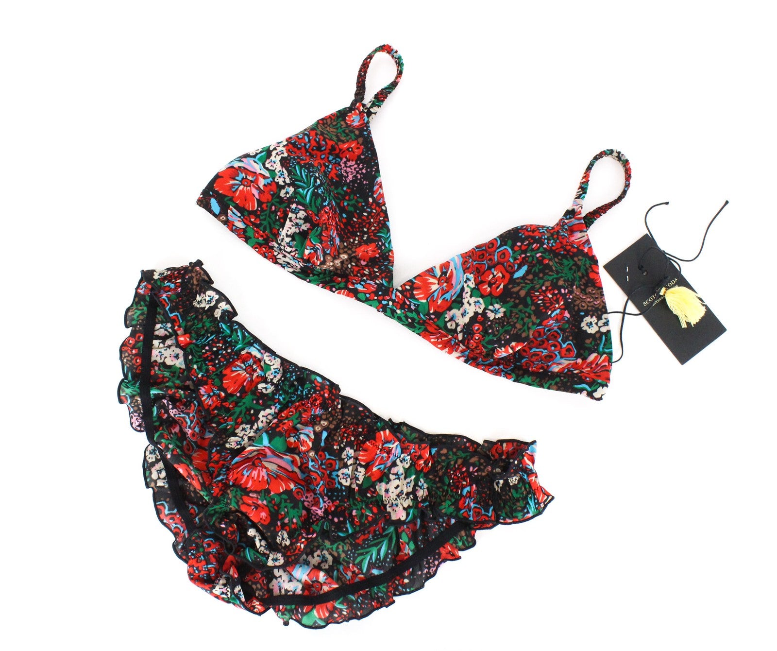 MAISON SCOTCH Women's S Red Floral Print Bralette & Panty Underwear Set