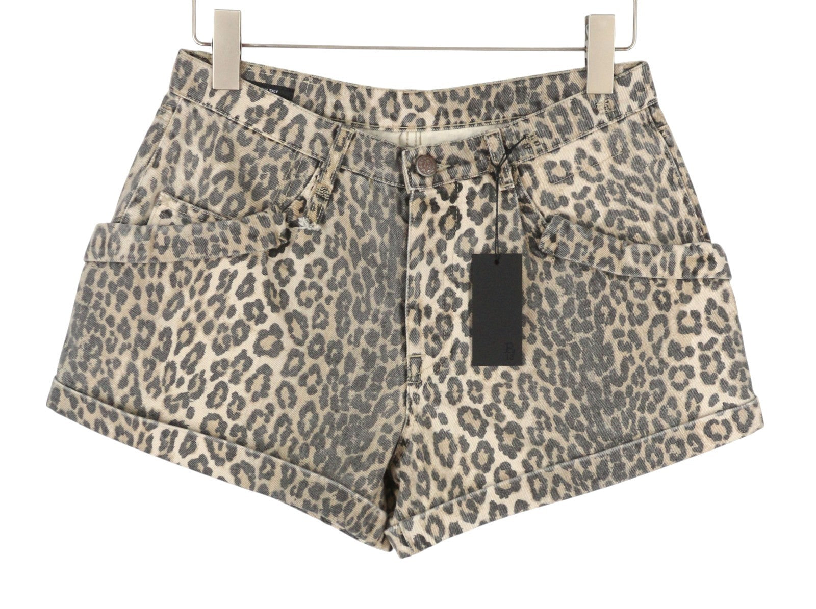 R13 Pouch Pocket Women Shorts 25 Rigid Ecru Leopard Button Turn-Up RRP795