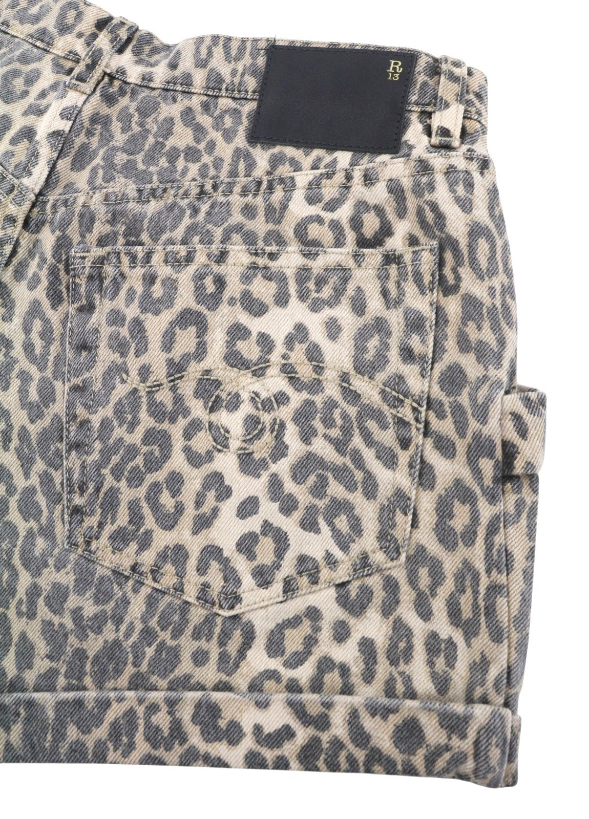 R13 Pouch Pocket Women Shorts 25 Rigid Ecru Leopard Button Turn-Up RRP795