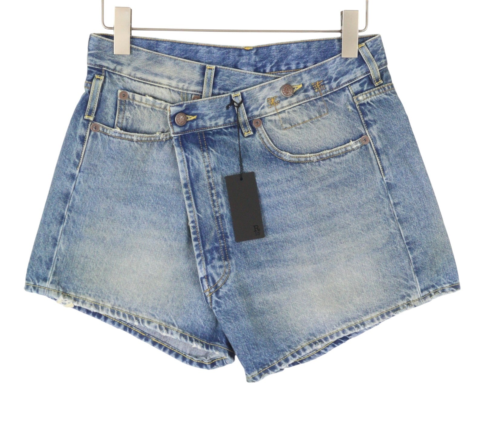 R13 Cross Over Women Shorts 27 Bain Blue Asymmetric Button Fastening Denim