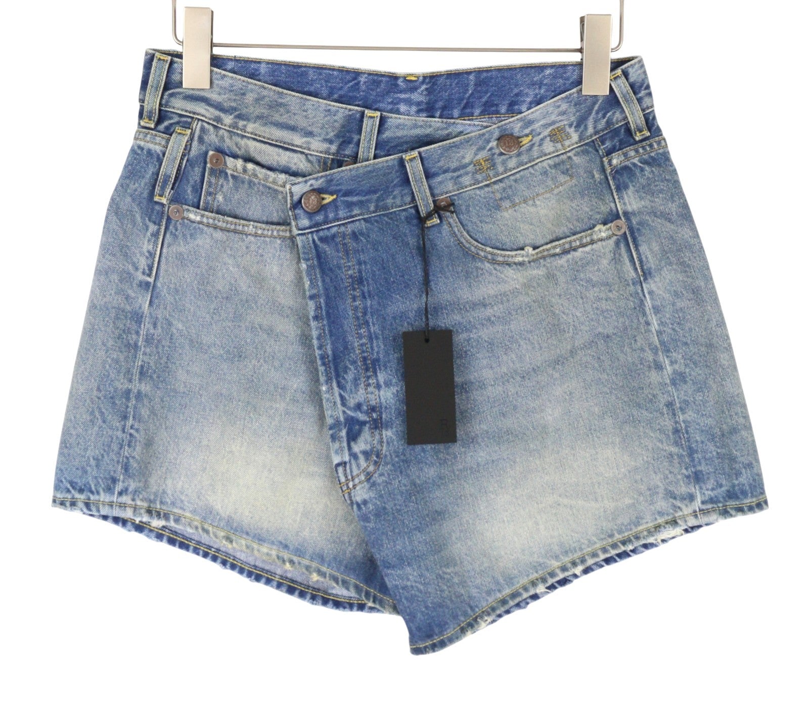 R13 Cross Over Women Shorts 28 Bain Blue Asymmetric Button Fastening Denim PS26