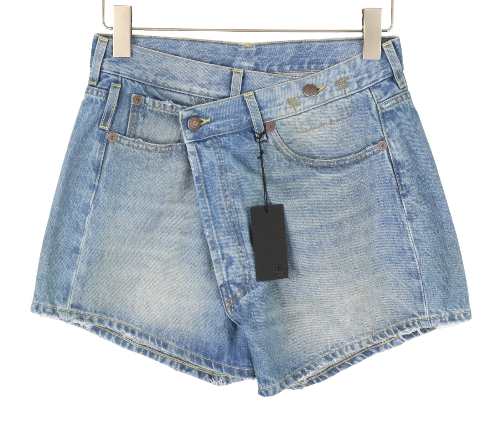 R13 Cross Over Women Shorts 24 Bain Blue Asymmetric Button Fastening Denim