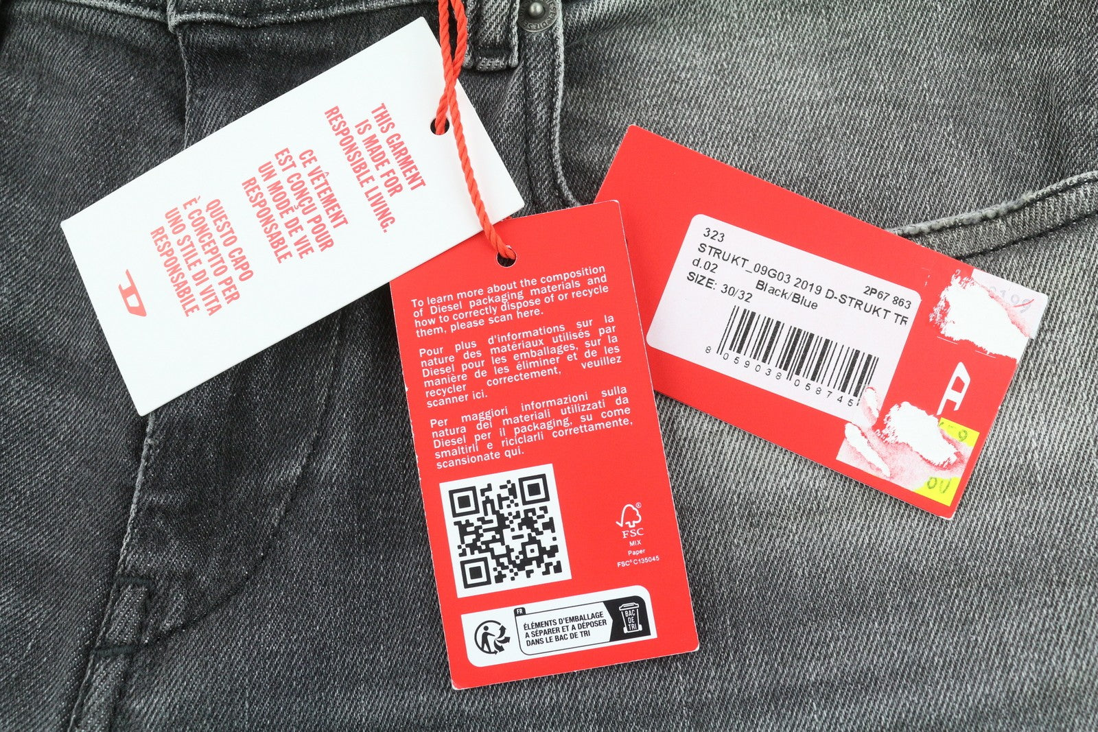 DIESEL 2019 D-Strukt 09G03 Men Jeans W30/L32 Grey Faded Whiskers Distress Slim