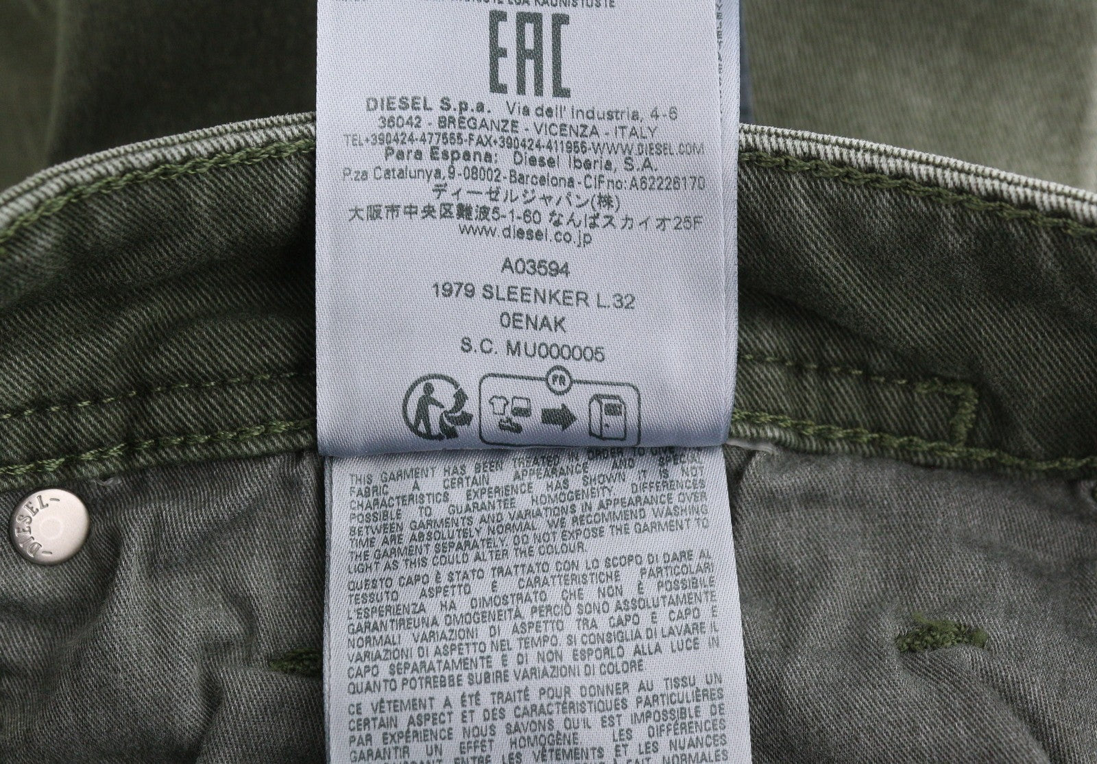 DIESEL 1979 Sleenker 0ENAK Men Jeans W28/L32 Green Whiskers Low Waist Skinny Fit