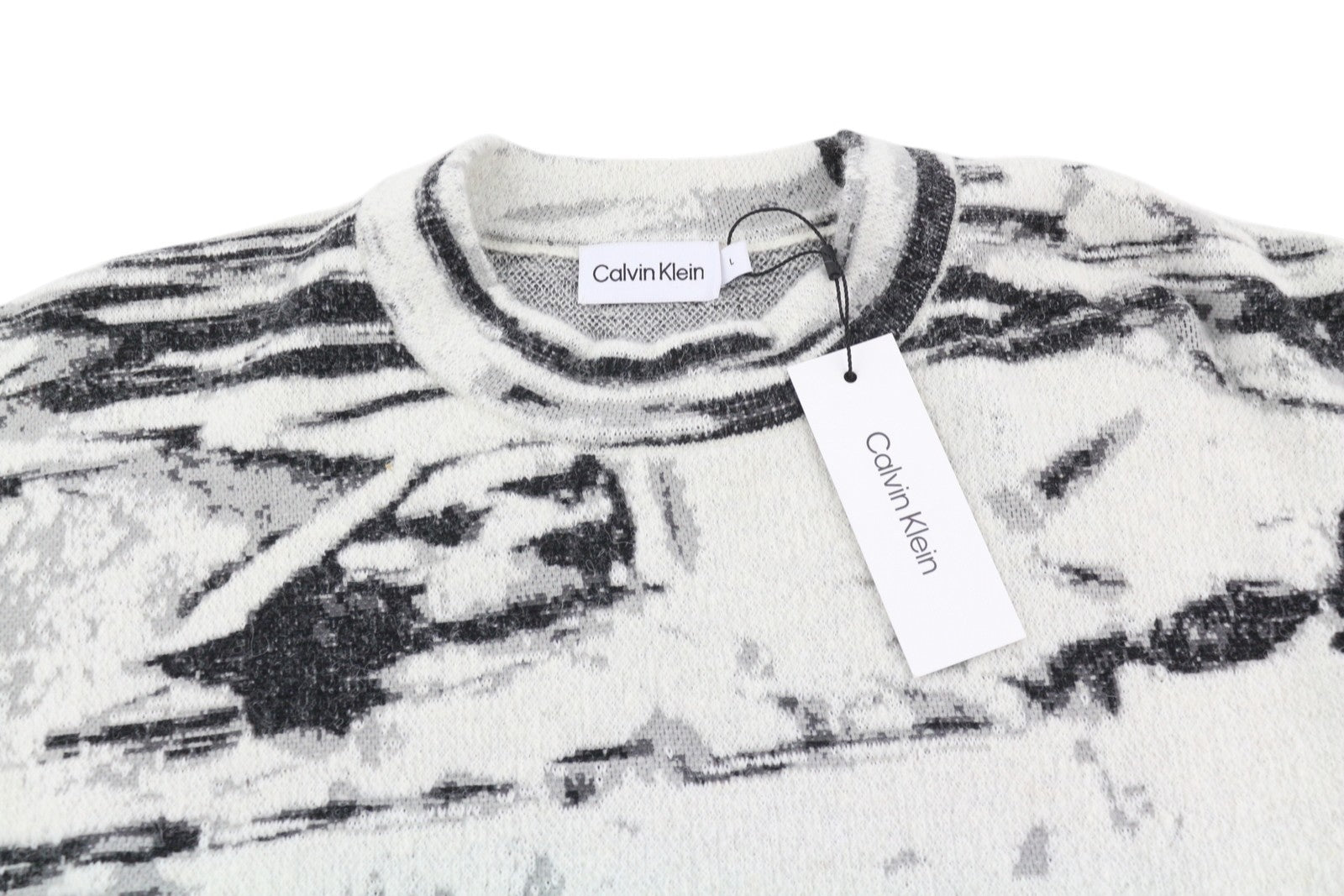 CALVIN KLEIN Abstract Jacquard Men Jumper L Grey Wool Alpaca Blend Knit Pull On