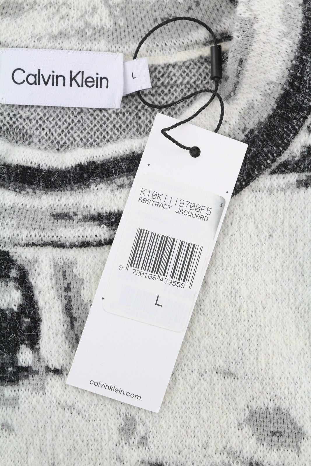 CALVIN KLEIN Abstract Jacquard Men Jumper L Grey Wool Alpaca Blend Knit Pull On