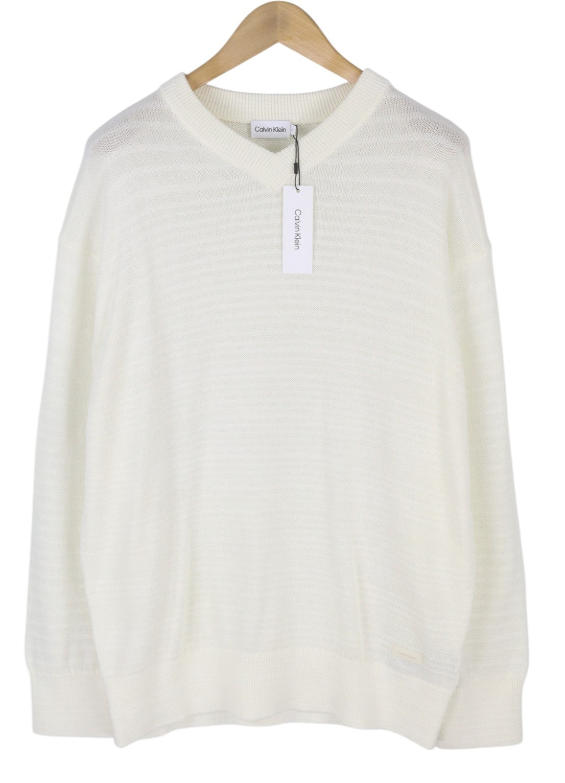 CALVIN KLEIN Tape Yarn Vn Men Jumper M White Textured Knitted V-Neck Pull On