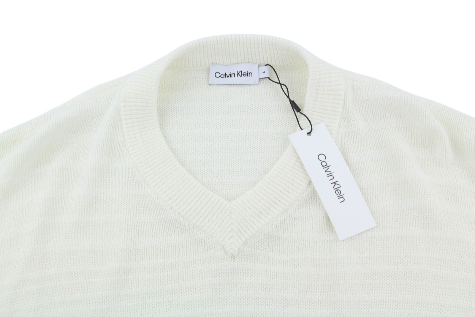CALVIN KLEIN Tape Yarn Vn Men Jumper M White Textured Knitted V-Neck Pull On