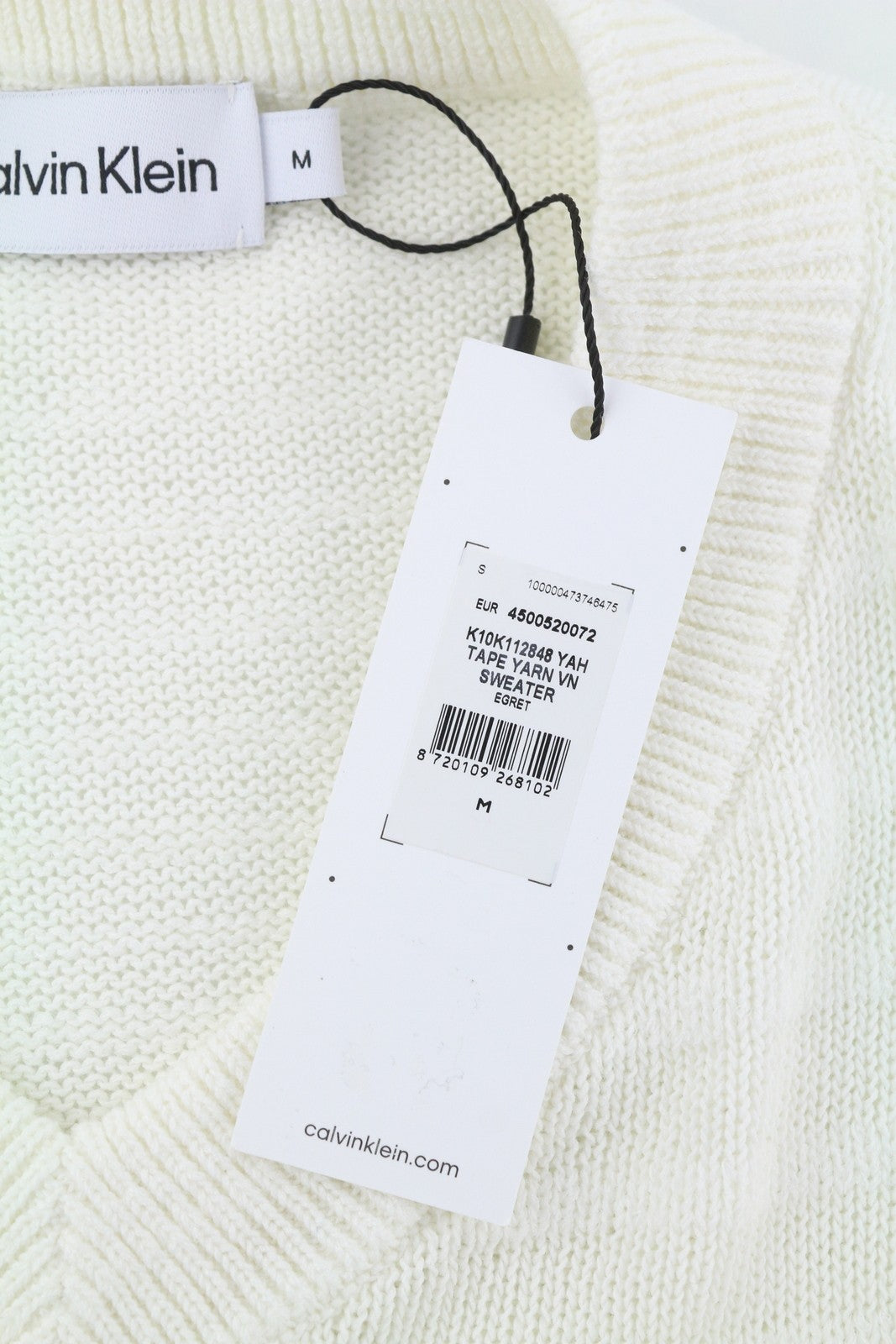 CALVIN KLEIN Tape Yarn Vn Men Jumper M White Textured Knitted V-Neck Pull On