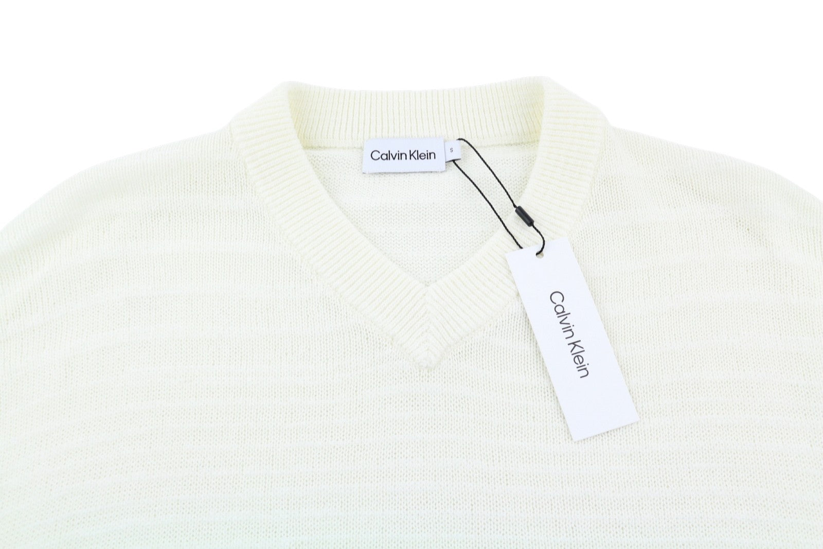 CALVIN KLEIN Tape Yarn Vn Men Jumper S White Textured Knitted V-Neck Pull On