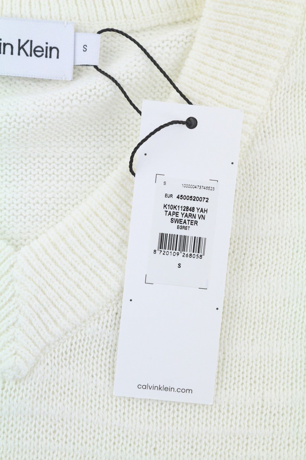 CALVIN KLEIN Tape Yarn Vn Men Jumper S White Textured Knitted V-Neck Pull On