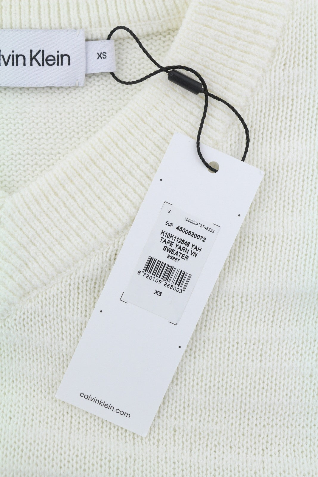 CALVIN KLEIN Tape Yarn Vn Men Jumper XS White Textured Knitted V-Neck Pull On