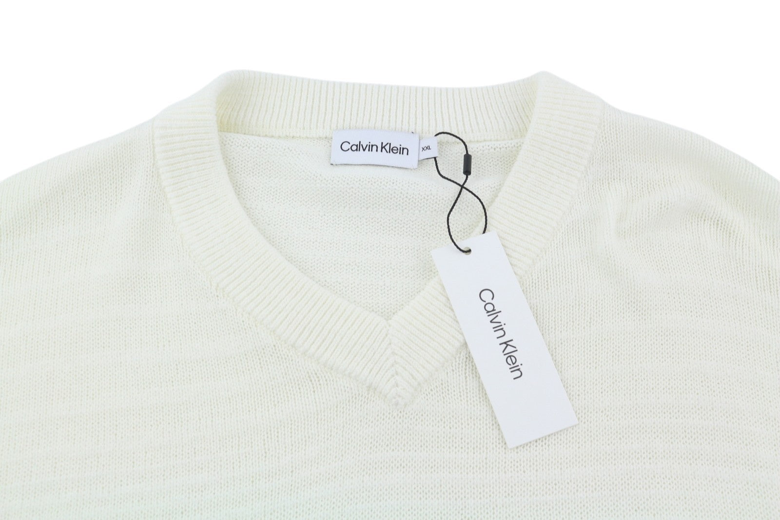 CALVIN KLEIN Tape Yarn Vn Men Jumper 2XL White Textured Knitted V-Neck Pull On