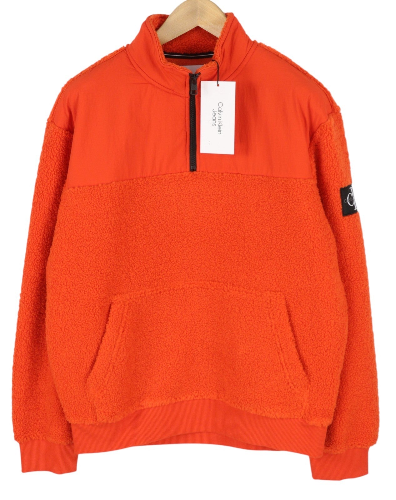 CALVIN KLEIN Badge Sherpa Half Men Sweatshirt L Orange Fleece Pull On RRP129