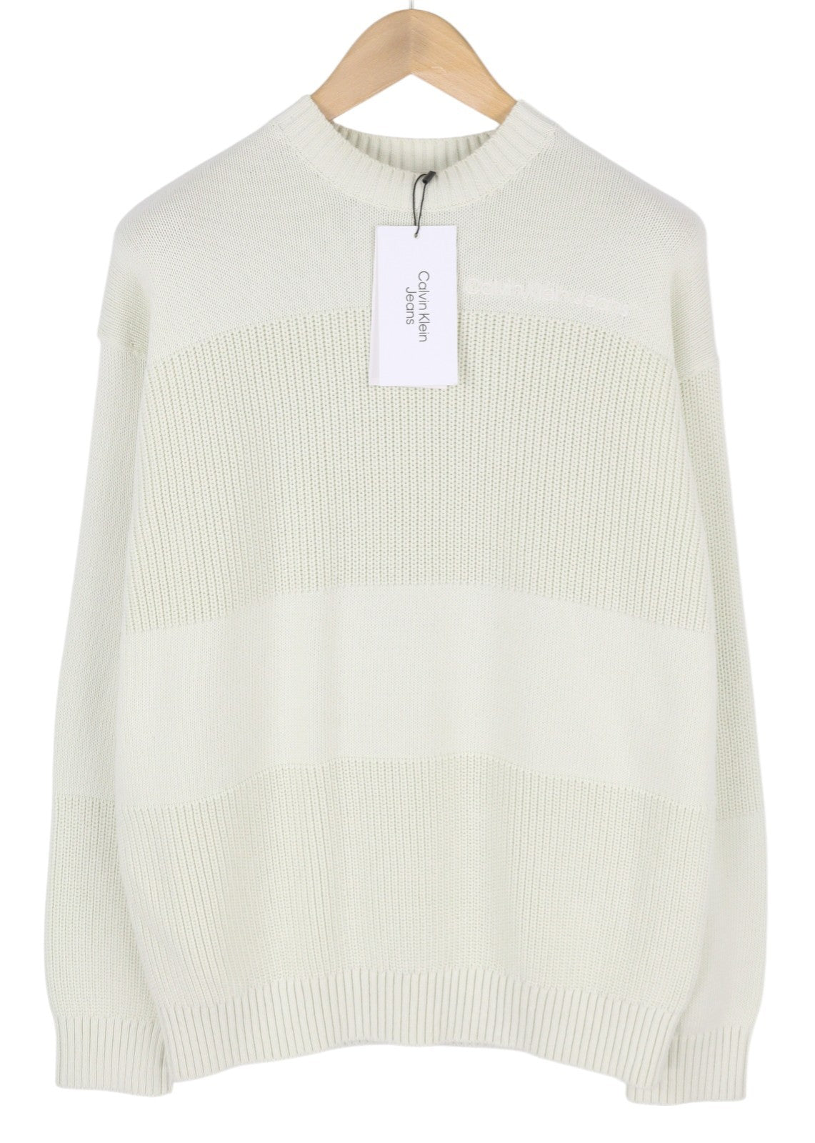 CALVIN KLEIN Stitch Blocking Men Jumper M Off White Stripe Knit Crew Pull On