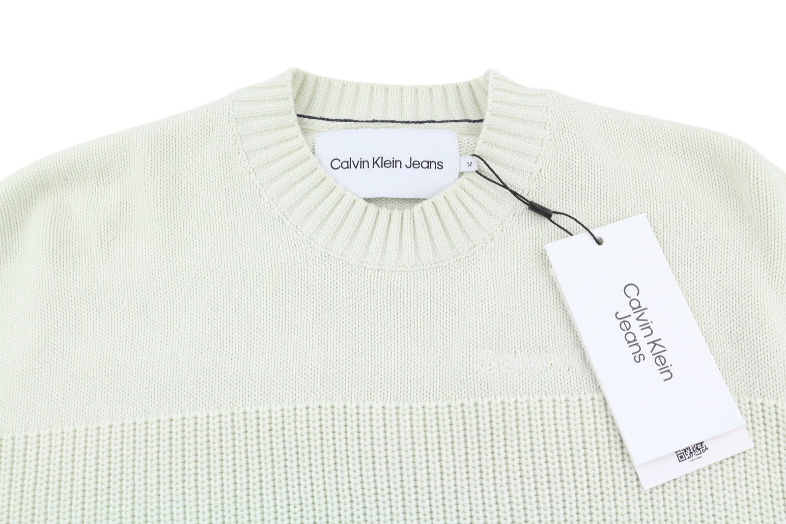 CALVIN KLEIN Stitch Blocking Men Jumper M Off White Stripe Knit Crew Pull On