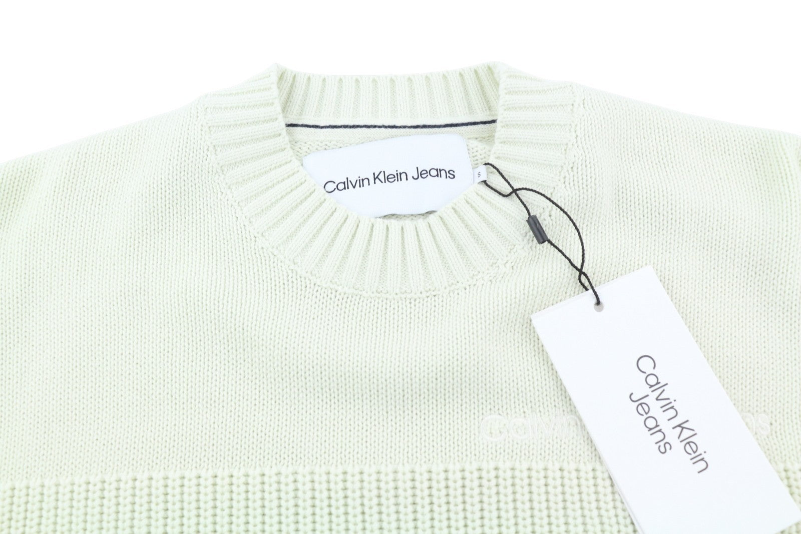 CALVIN KLEIN Stitch Blocking Men Jumper S Off White Stripe Knit Crew Pull On