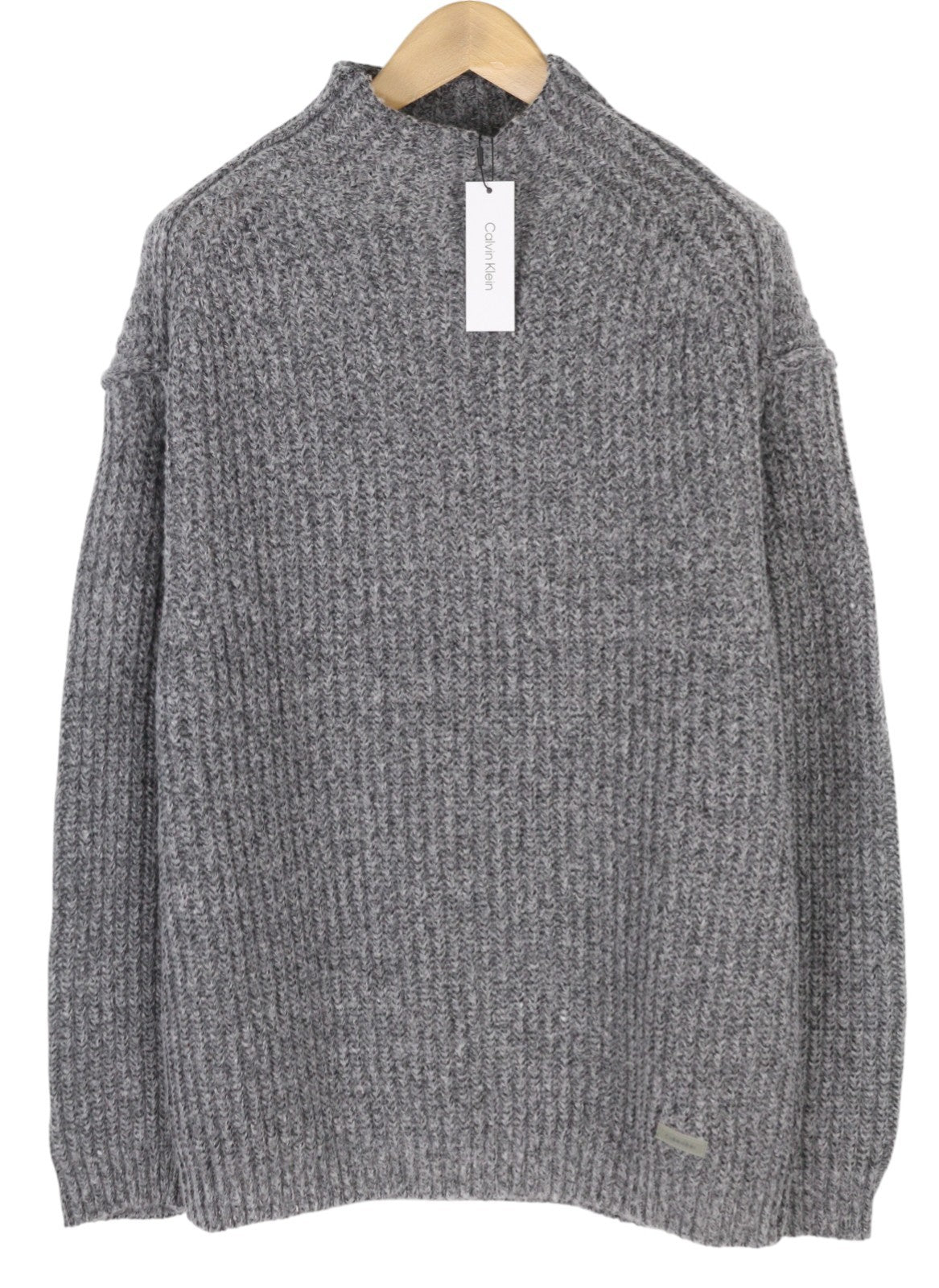 CALVIN KLEIN Men Jumper XL Grey Wool Blend Tight-Knit Mock Neck Logo Pull On