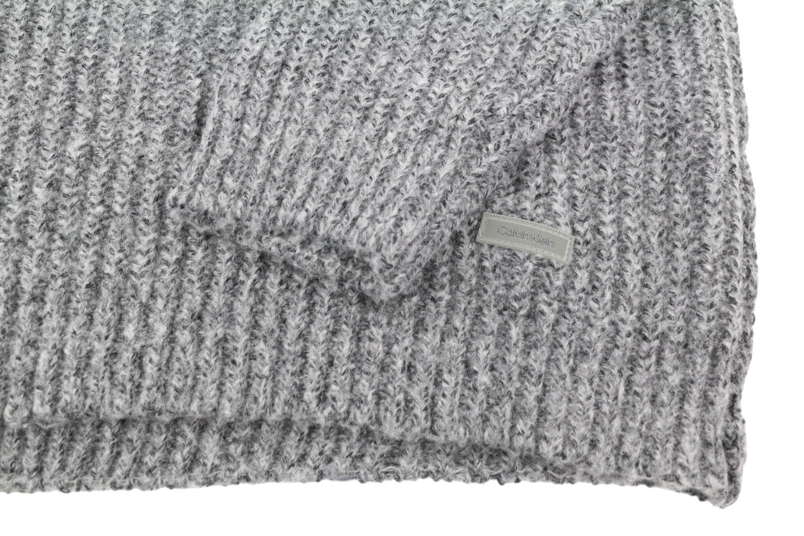 CALVIN KLEIN Men Jumper XL Grey Wool Blend Tight-Knit Mock Neck Logo Pull On