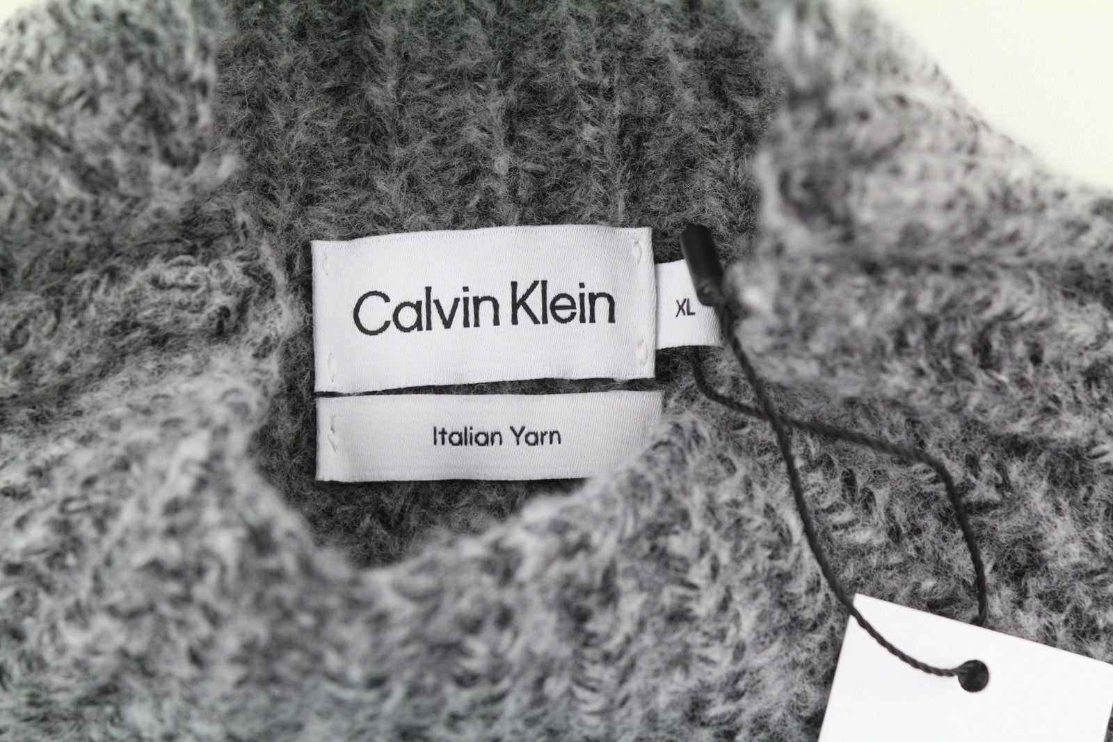 CALVIN KLEIN Men Jumper XL Grey Wool Blend Tight-Knit Mock Neck Logo Pull On