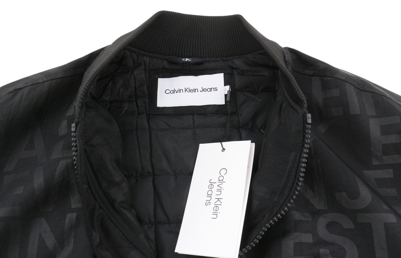 CALVIN KLEIN Men Jacket S Black Logo Print Insulated Loose Fit Bomber RRP149