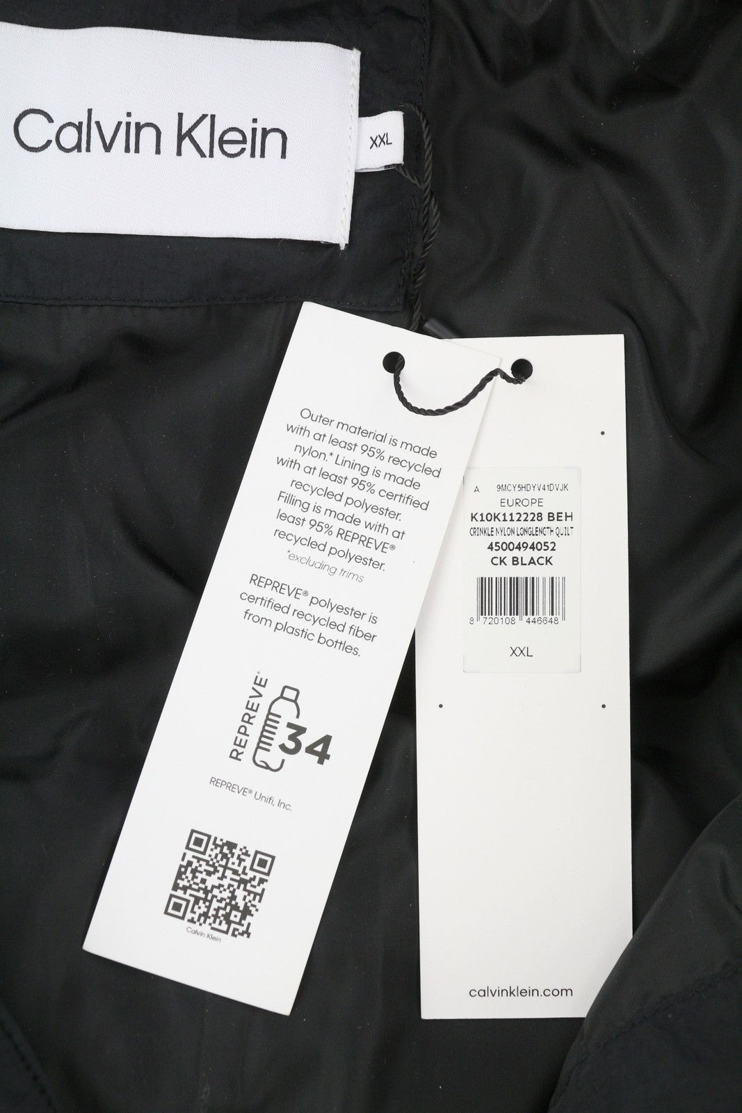 CALVIN KLEIN Crinkle Nylon Long Length Quilt Men Jacket 2XL Black Padded RRP379