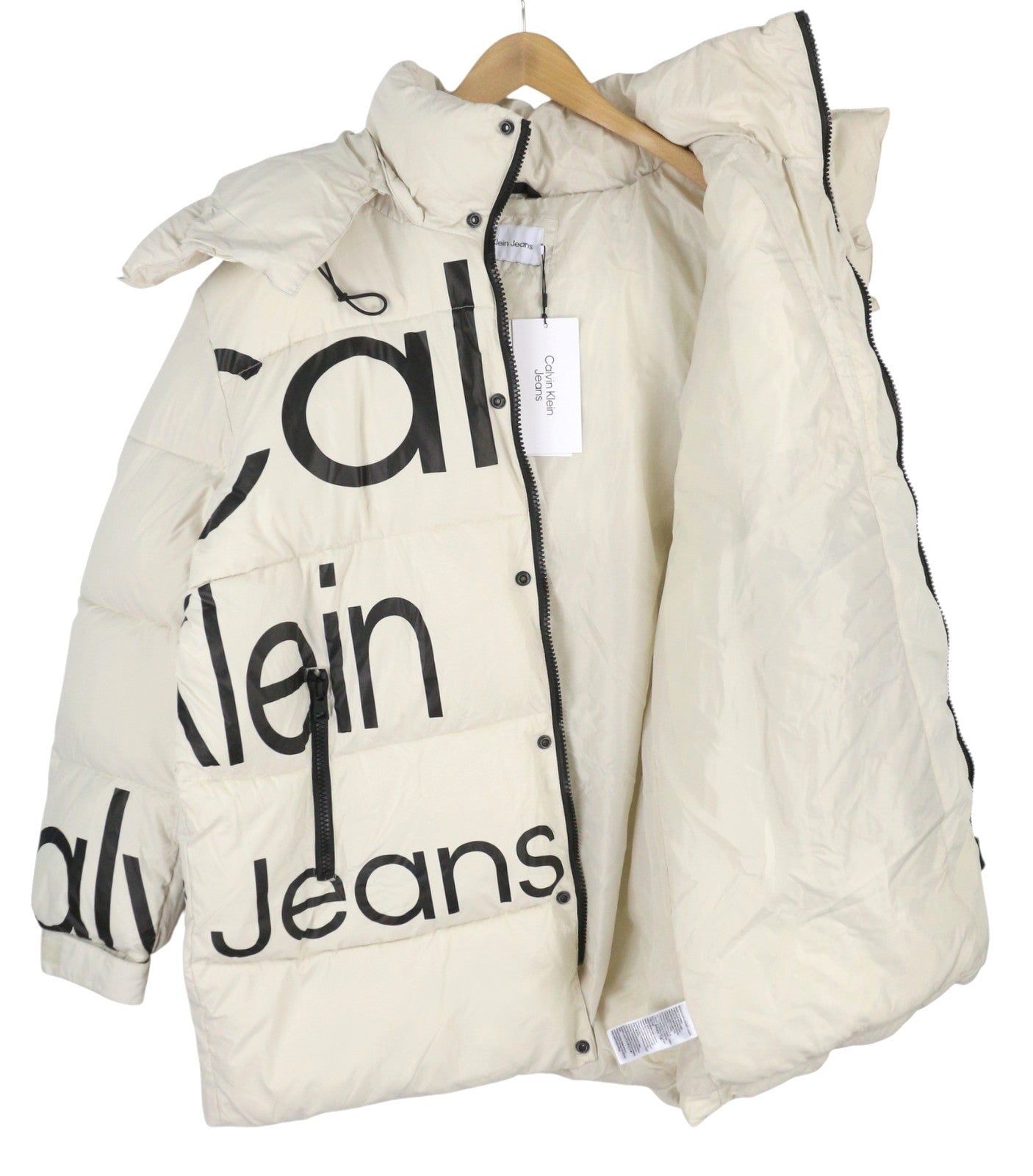 CALVIN KLEIN Bold Disrupted Logo Men Jacket L White Insulated Quilted Hooded