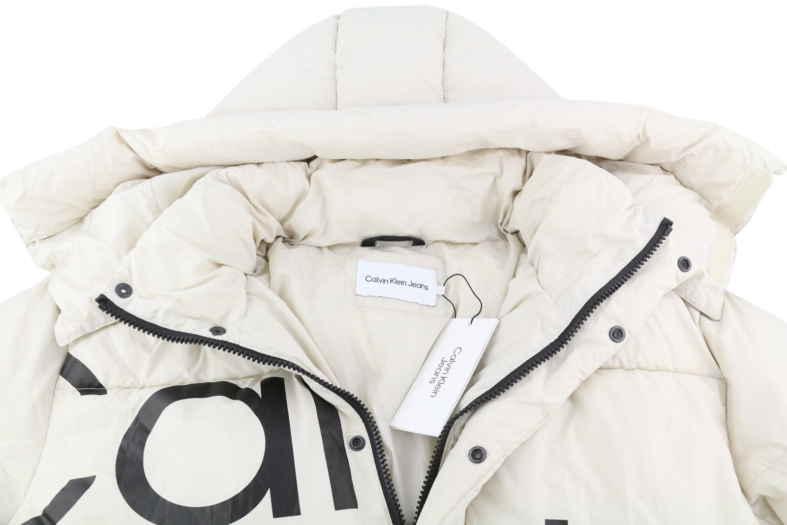 CALVIN KLEIN Bold Disrupted Logo Men Jacket L White Insulated Quilted Hooded