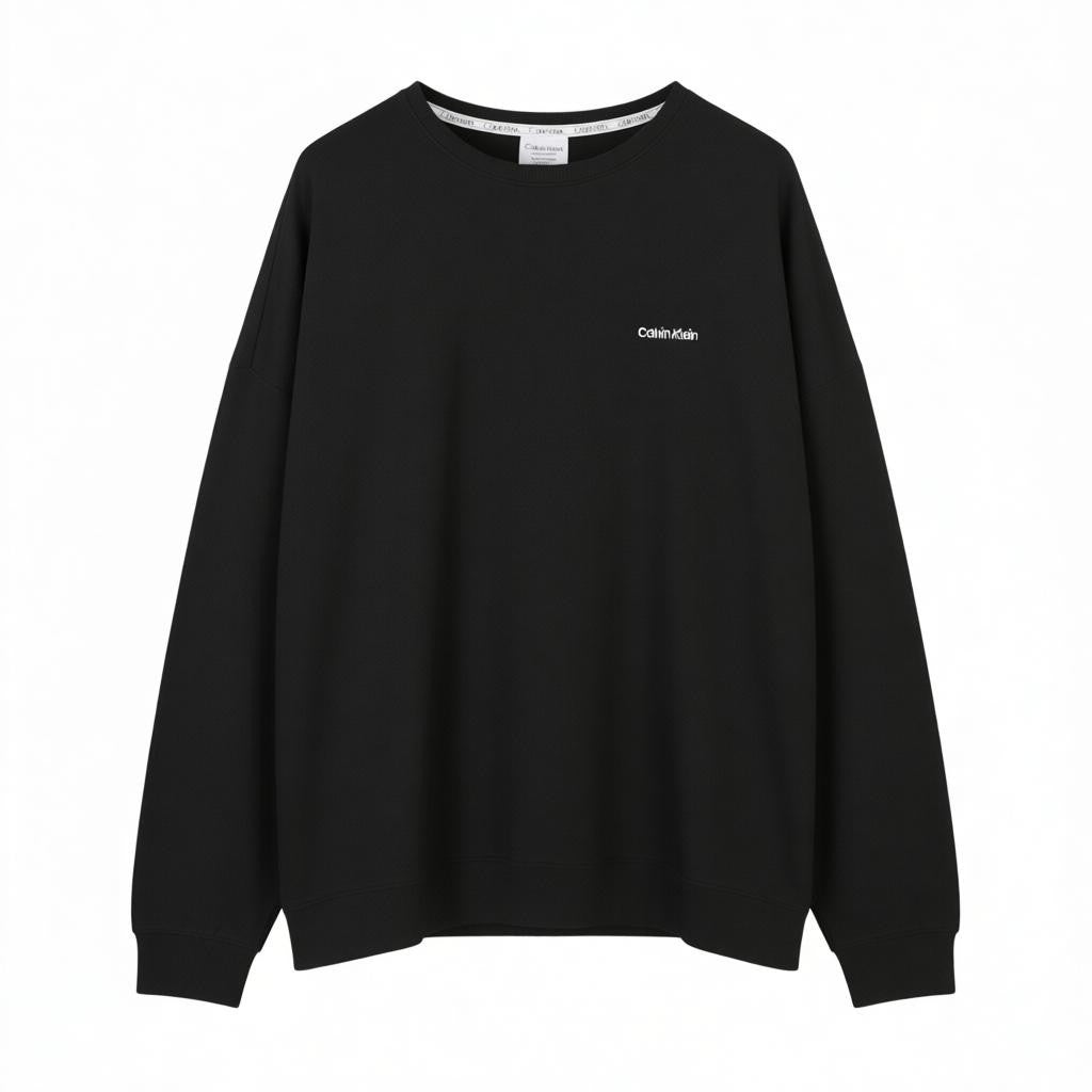 CALVIN KLEIN Men Sweatshirt XL Black Crew Embroidered Logo Sleepwear Pull On