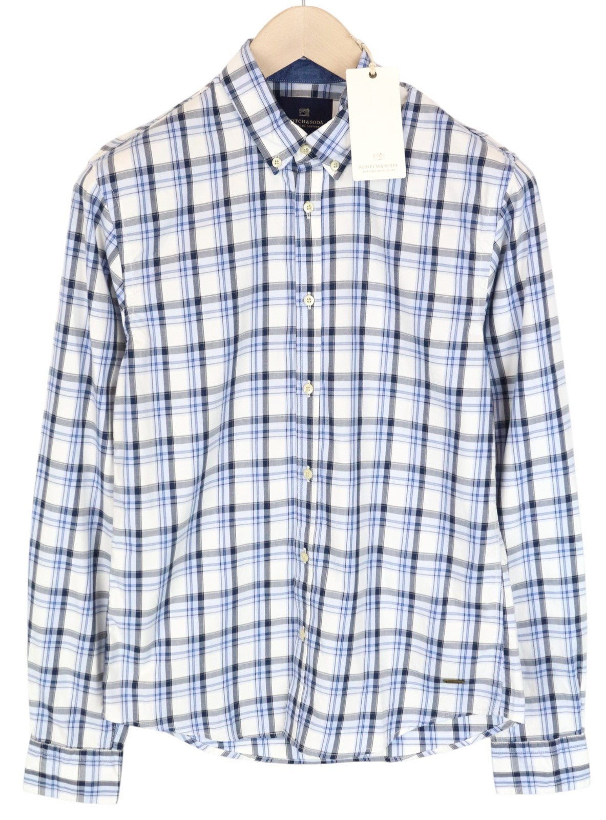 SCOTCH & SODA Ams Couture Men Shirt S White Blue Pure Cotton Check Long Sleeve
