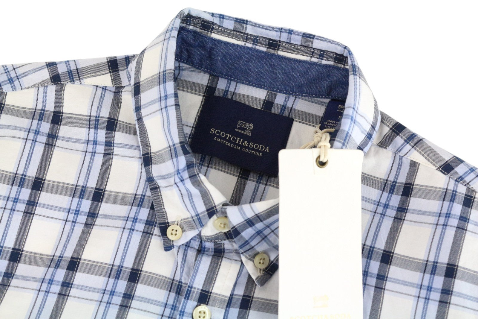 SCOTCH & SODA Ams Couture Men Shirt S White Blue Pure Cotton Check Long Sleeve