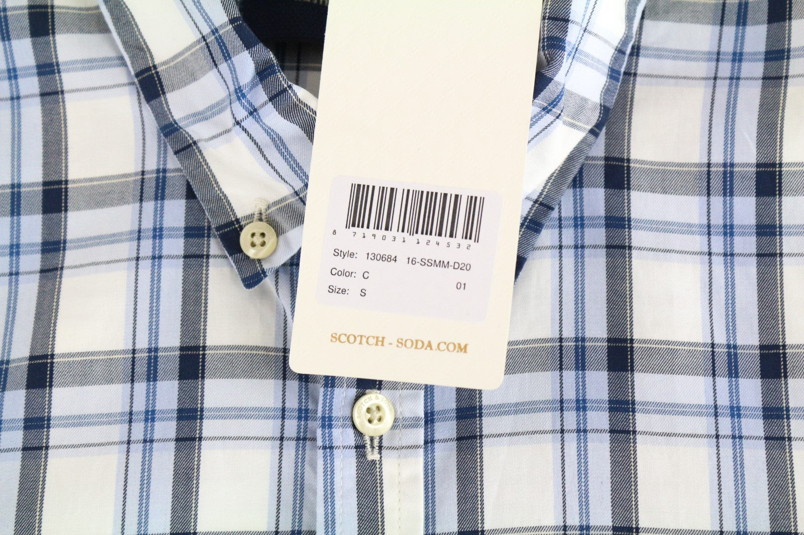 SCOTCH & SODA Ams Couture Men Shirt S White Blue Pure Cotton Check Long Sleeve