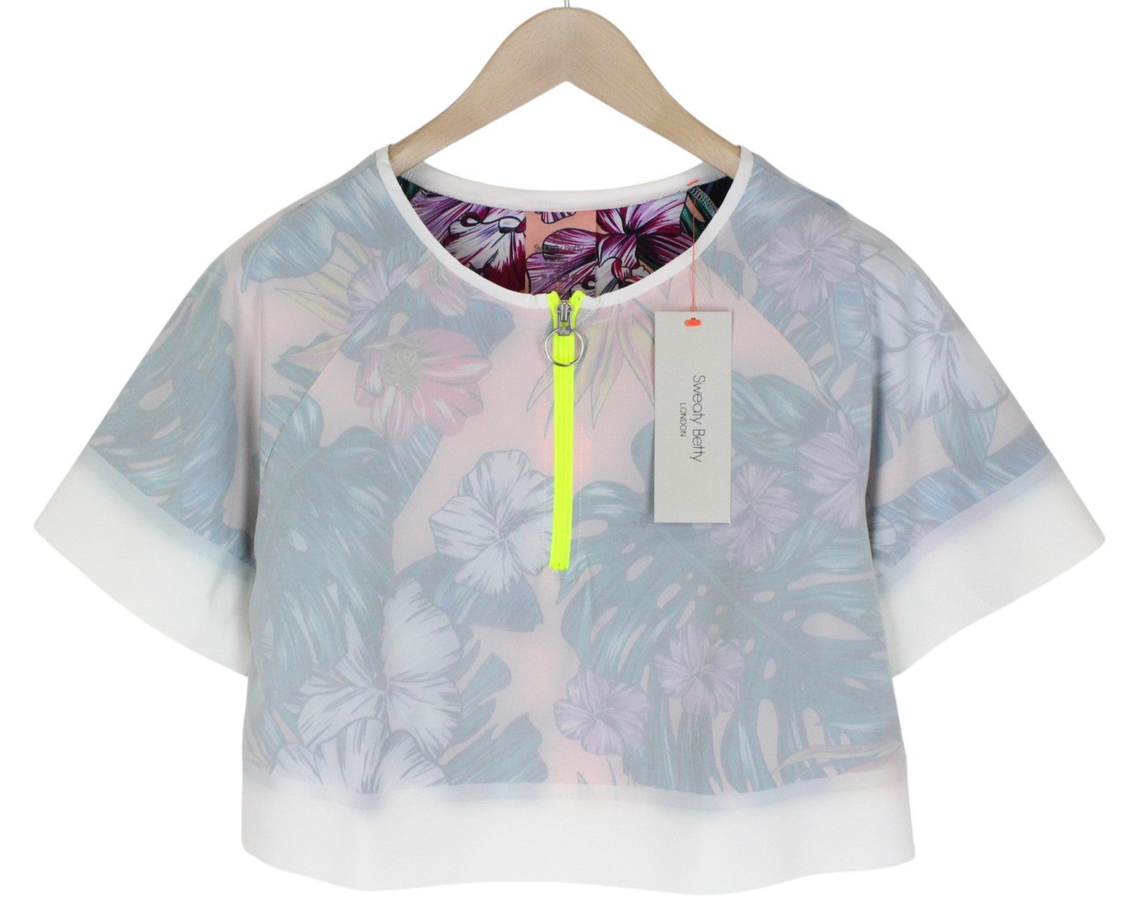 SWEATY BETTY Tournament Tennis Women T-Shirt XL Off-White Crop Patterned Zip