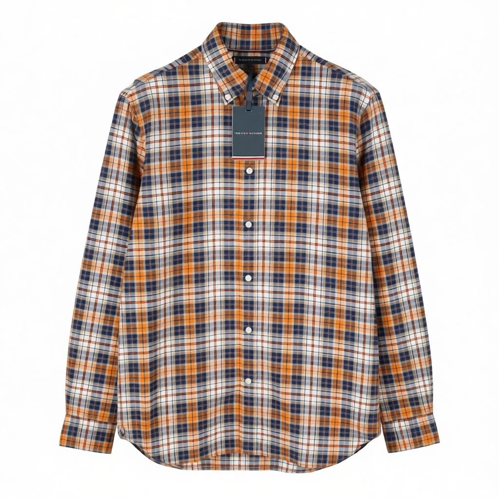 TOMMY HILFIGER THFlex Poplin Men Shirt M Colourful Plaid Button-Down Collar